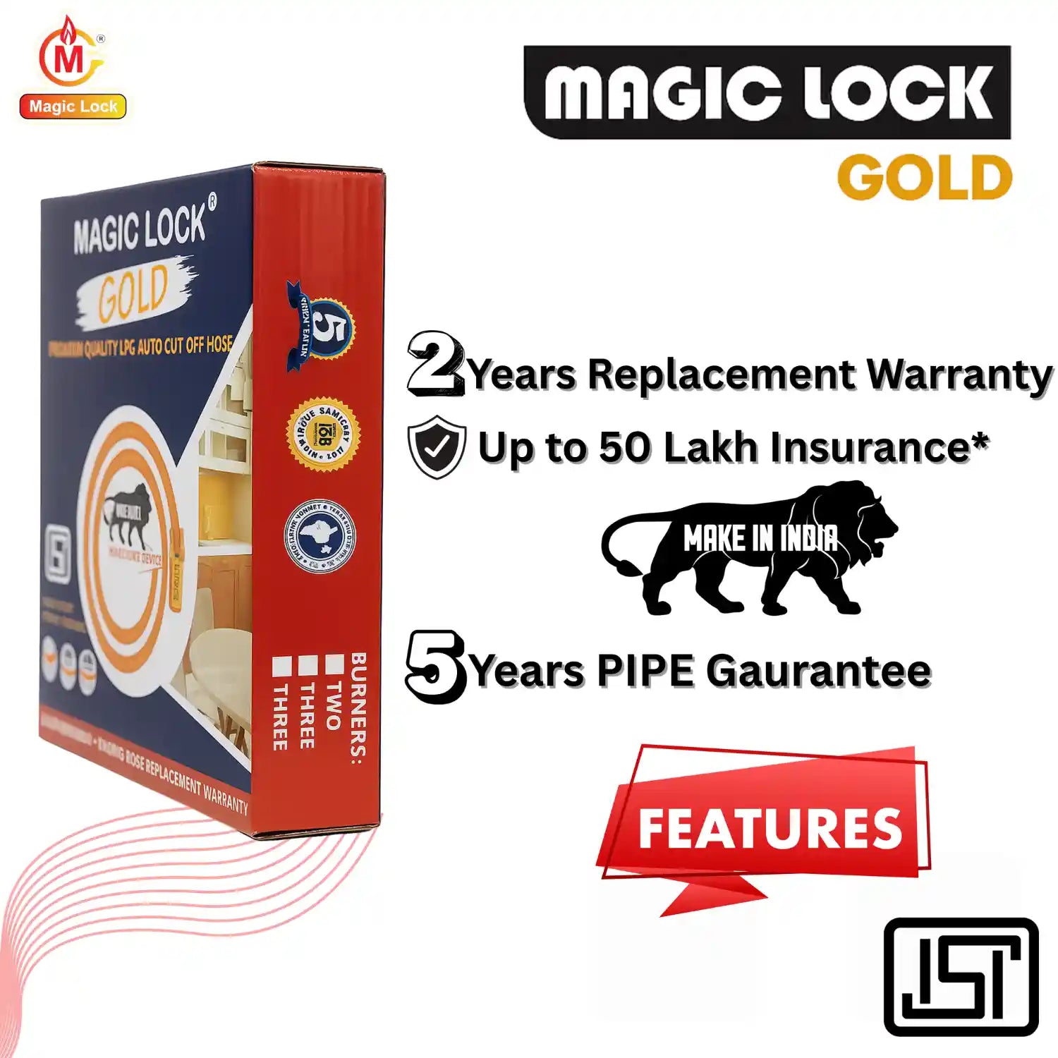 Magic Lock Gold Suraksha LPG Safety Hose 1.5 M I.S.I – Built-in Auto-Lock Nano Safety Device, ISI & BIS Certified, 5-Year Warranty + ₹50L Insurance