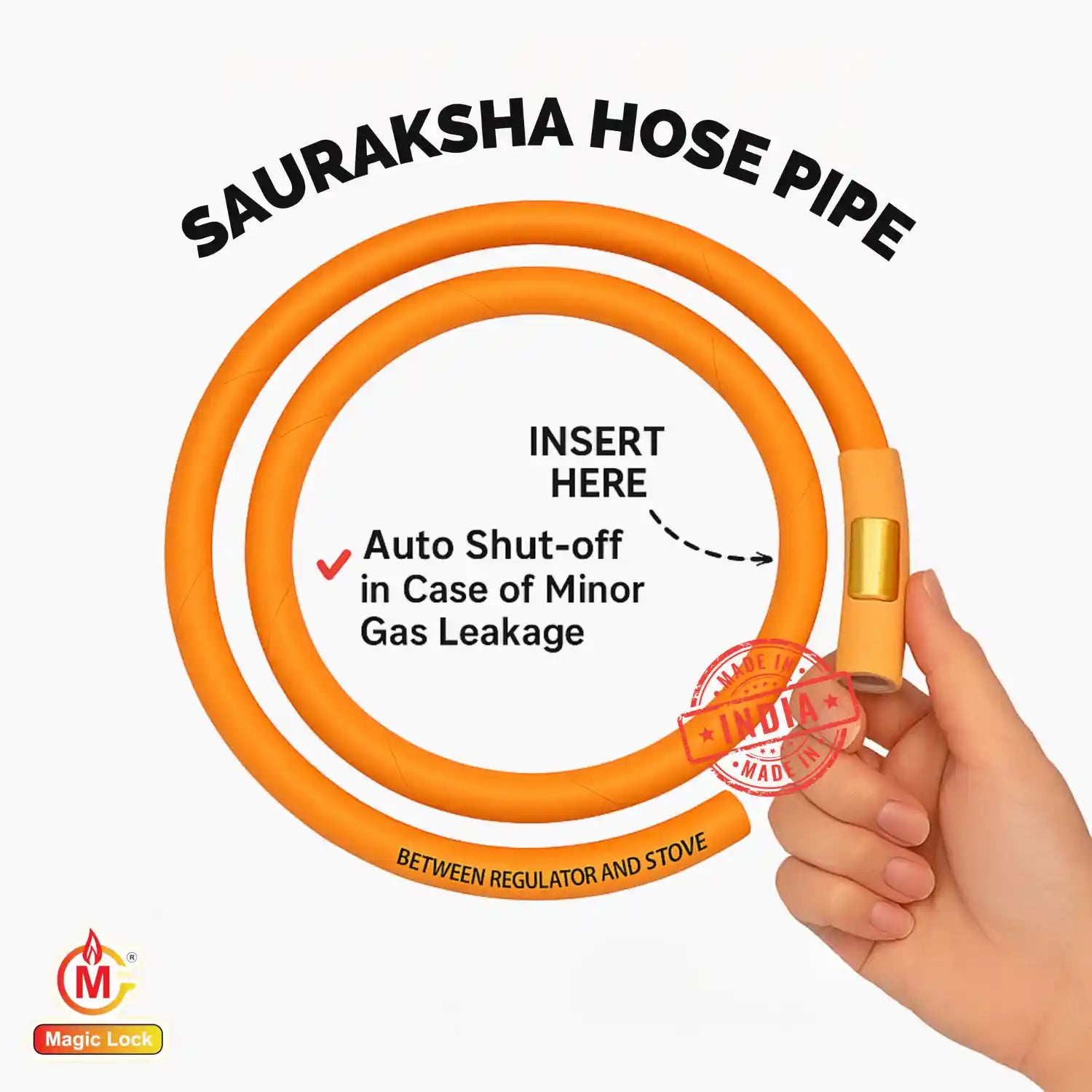 Magic Lock Gold Suraksha LPG Safety Hose 1.5 M I.S.I – Built-in Auto-Lock Nano Safety Device, ISI & BIS Certified, 5-Year Warranty + ₹50L Insurance