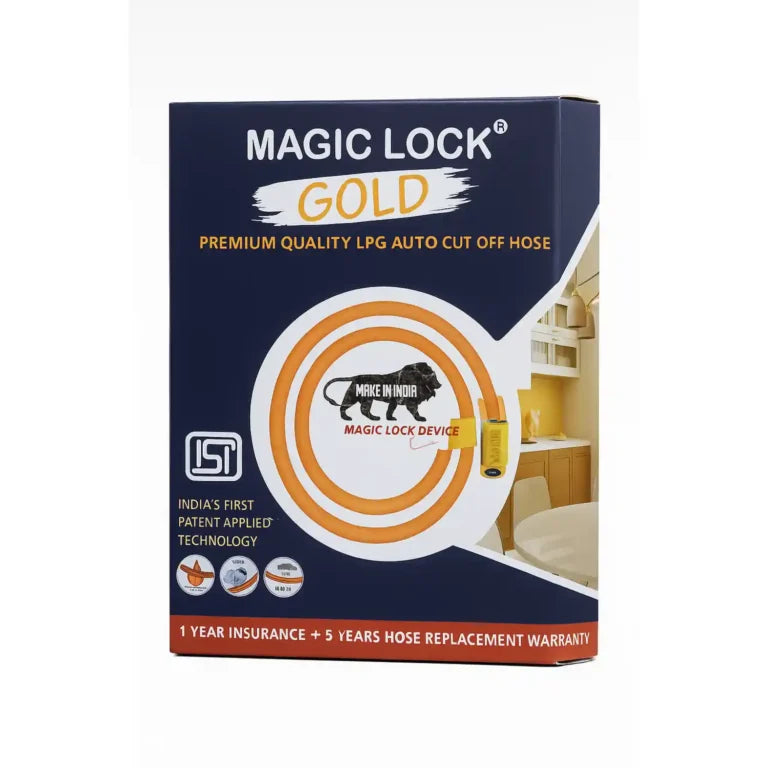 Magic Lock Gold Suraksha LPG Safety Hose 1.5 M I.S.I – Built-in Auto-Lock Nano Safety Device, ISI & BIS Certified, 5-Year Warranty + ₹50L Insurance