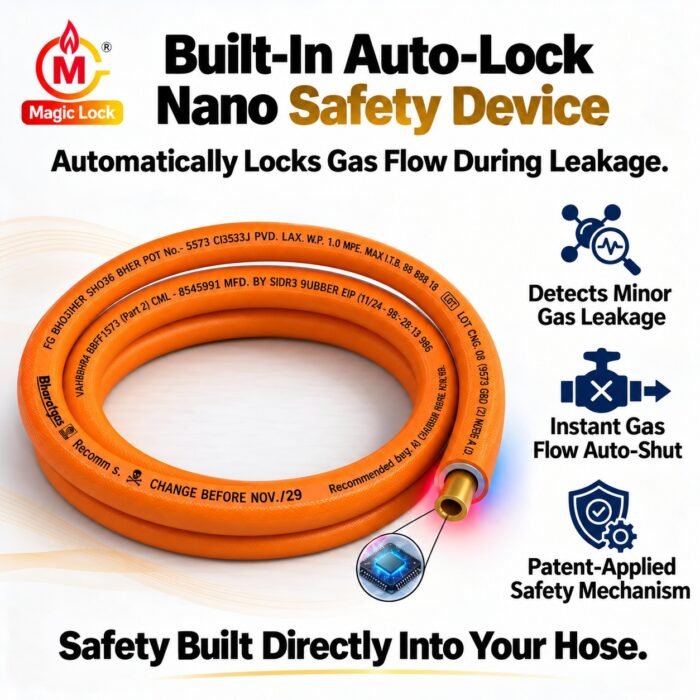 Magic Lock Gold Suraksha LPG Safety Hose 1.5 M – Built-in Auto-Lock Nano Safety Device, ISI & BIS Certified, 5-Year Warranty + ₹50L Insurance