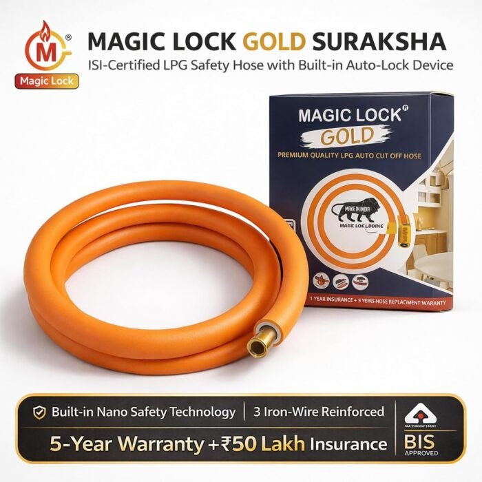 Magic Lock Gold Suraksha LPG Safety Hose 1.5 M – Built-in Auto-Lock Nano Safety Device, ISI & BIS Certified, 5-Year Warranty + ₹50L Insurance - Image 6