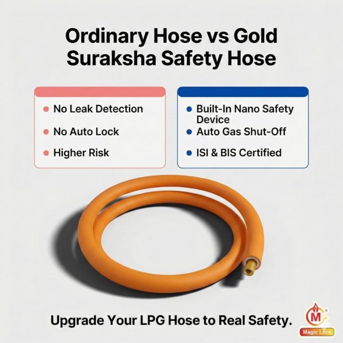 Magic Lock Gold Suraksha LPG Safety Hose 1.5 M – Built-in Auto-Lock Nano Safety Device, ISI & BIS Certified, 5-Year Warranty + ₹50L Insurance - Image 2