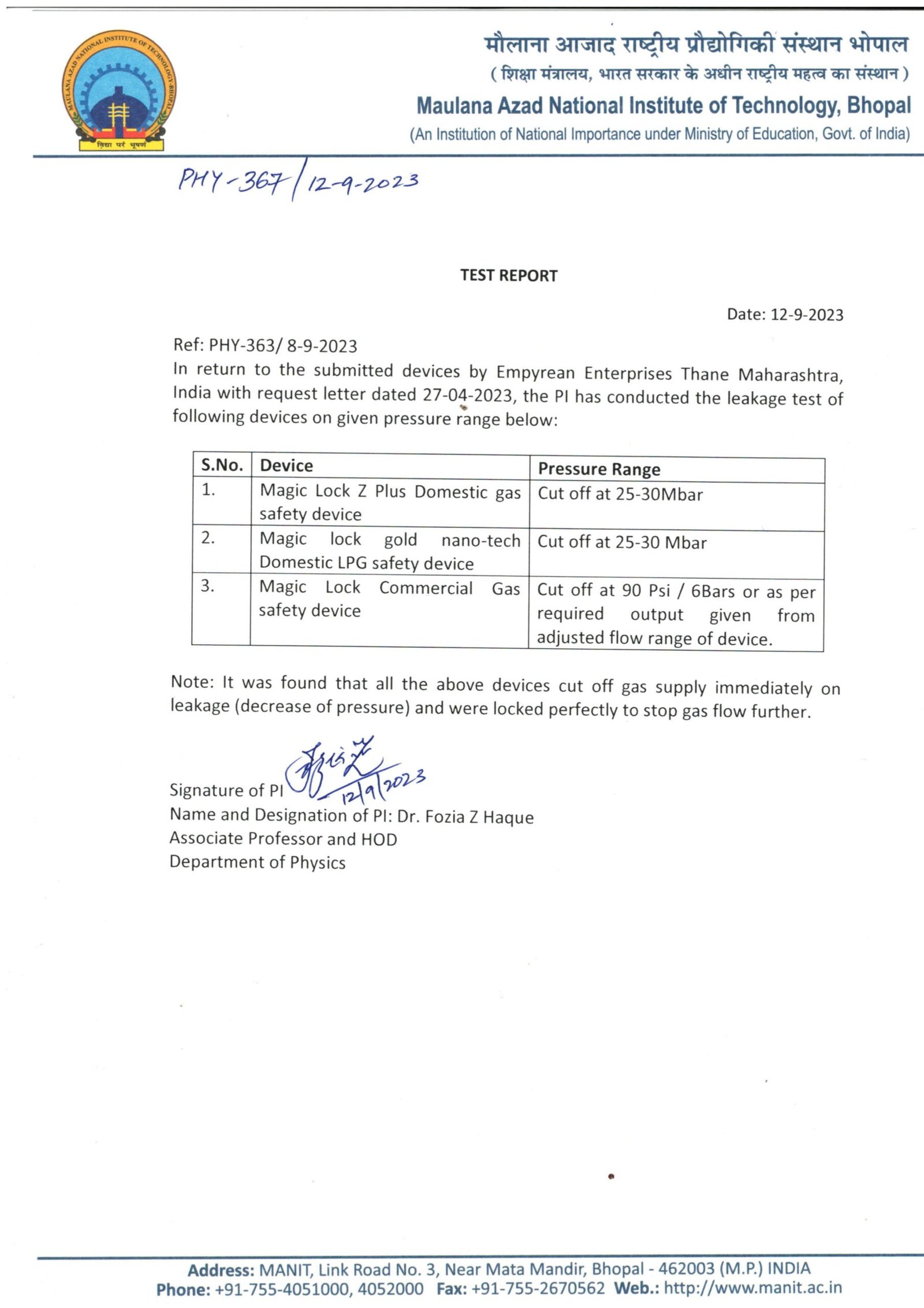 M.A.N.I.T Tested Certificate