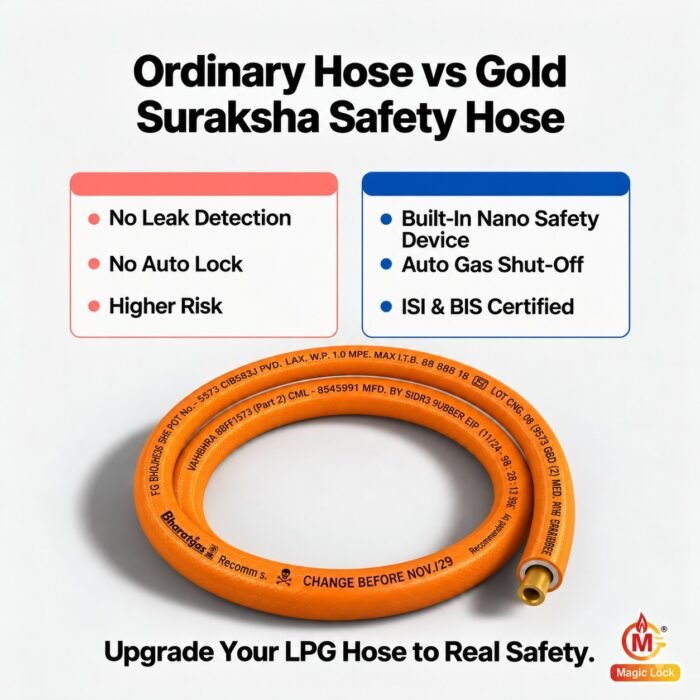 Magic Lock Gold Suraksha LPG Safety Hose 1.5 M – Built-in Auto-Lock Nano Safety Device, ISI & BIS Certified, 5-Year Warranty + ₹50L Insurance - Image 4