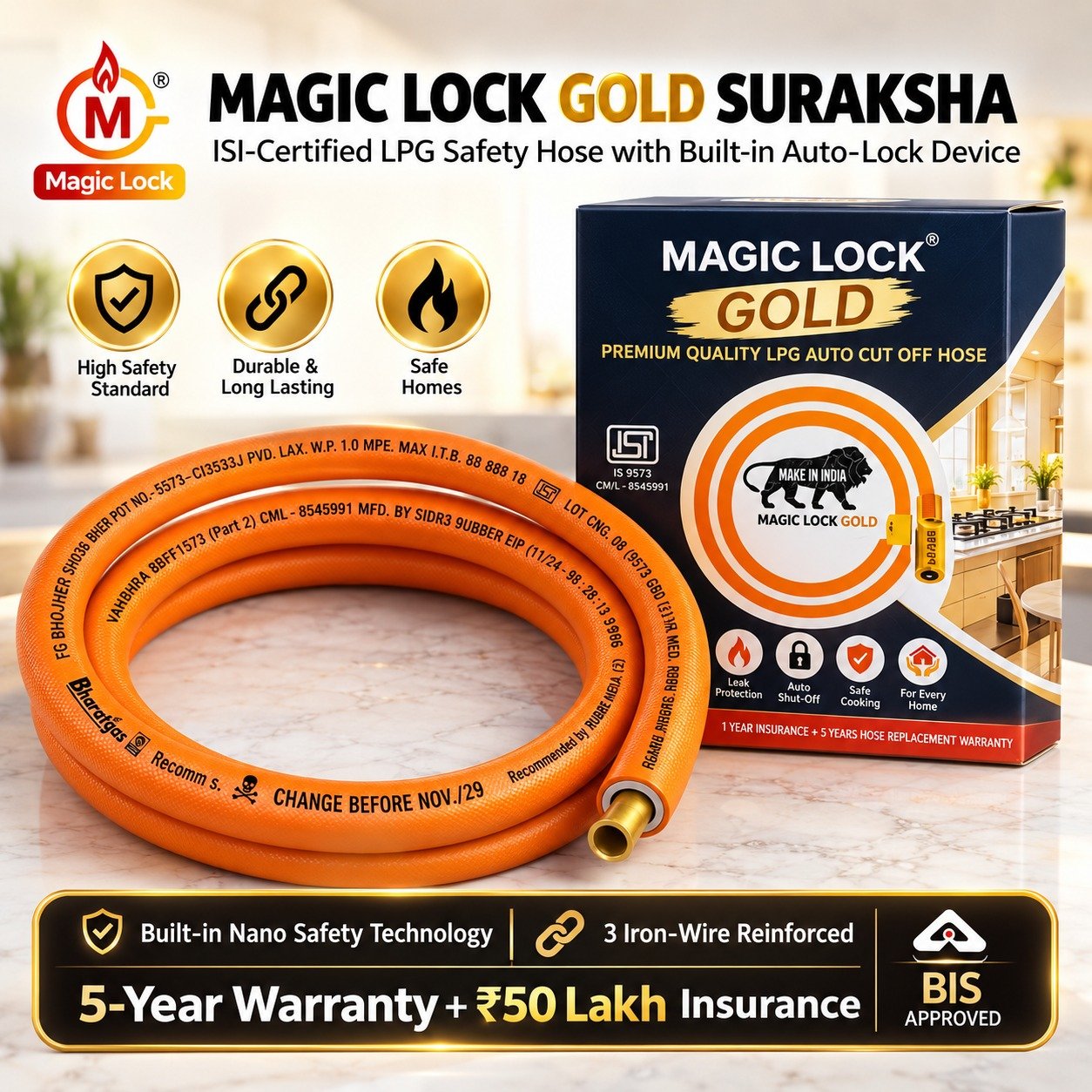 WhatsApp Image 2026-10-04 at 12.09.15 PM Magic Lock Gold Suraksha LPG Safety Hose 1.5 M – Built-in Auto-Lock Nano Safety Device, ISI & BIS Certified, 5-Year Warranty + ₹50L Insurance - Image 1